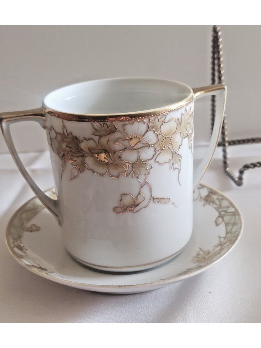 Antique Nippon Hand Painted Double Handle Cup & Saucer Gold gilded